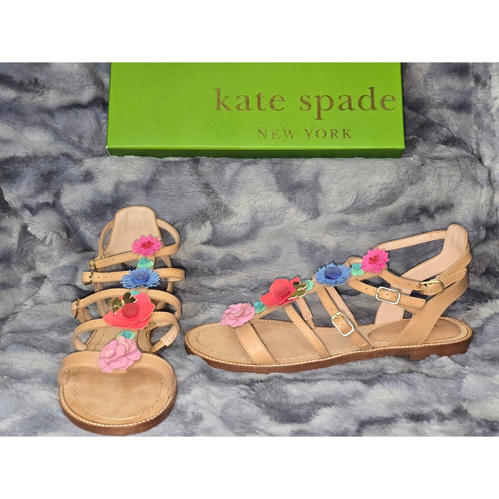NWB Kate Spade‎ Sadia Natural Leather Floral Embellished Gladiator Sandals 9.5